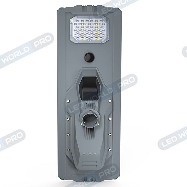 Lampe de rue solaire - Série STARSHIP ULTRA 4500 - Rendu lumineux 1600 Watts - 4500 Lumens - Couleur 3000k - Angle 150x70° - IP65 - Structure aluminium - Dimensions 93 x 36 x 16 cm - Tube d'insertion 76mm - Contrôle intelligent - Capteur PIR