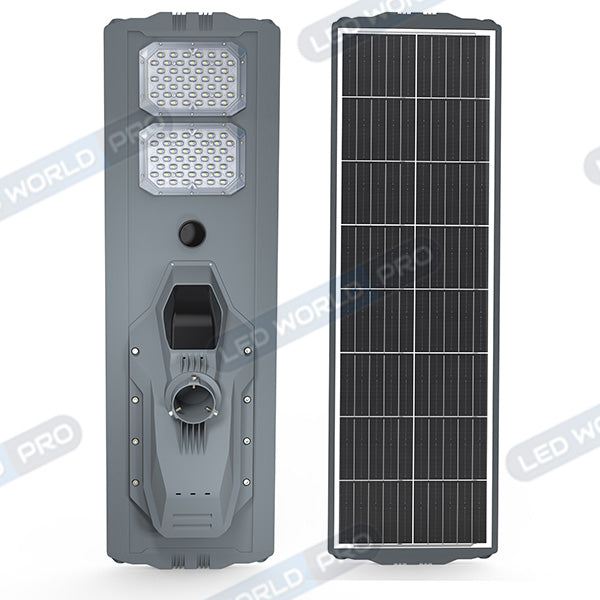Pack de 2x Lampes de rue solaires - Série STARSHIP ULTRA 6500 - Rendu lumineux 1800 Watts - 6500 Lumens - Couleur 6000k - Angle 150x70° - IP65 - Structure aluminium - Dimensions 112 x 36 x 16 cm - Tube d'insertion 76mm - Contrôle intelligent - Capteur PIR