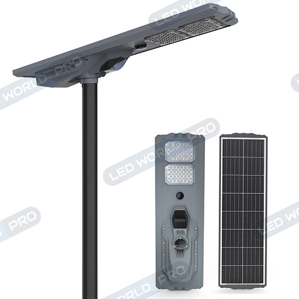 Pack de 2x Lampes de rue solaires - Série STARSHIP ULTRA 6500 - Rendu lumineux 1800 Watts - 6500 Lumens - Couleur 6000k - Angle 150x70° - IP65 - Structure aluminium - Dimensions 112 x 36 x 16 cm - Tube d'insertion 76mm - Contrôle intelligent - Capteur PIR