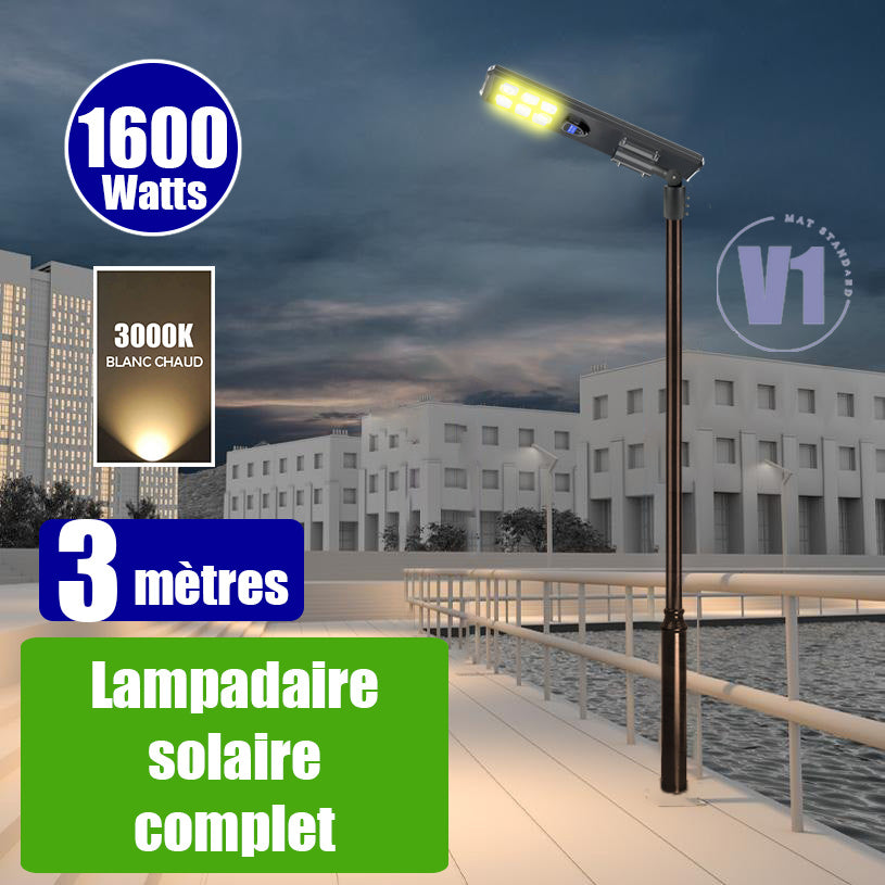 Pack lampadaire complet 3 mètres : Lampe solaire Série STARSHIP ULTRA BLACK 1600 Watts - 4400 Lumens - 3000K + Mât STANDARD 3 mètres au choix ( V1 EVO ou V4 ECO - Avec trappe) + Adaptateur ajustable 80/60mm