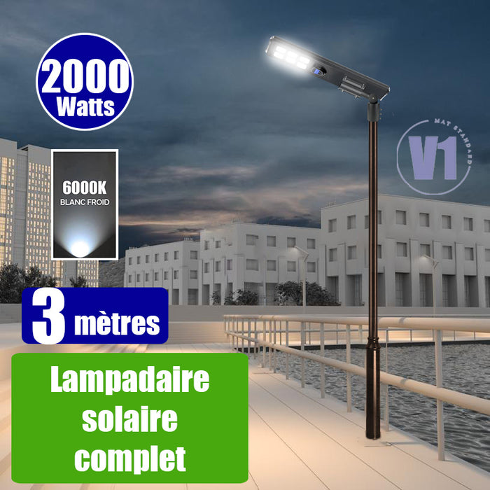 Pack lampadaire complet 3 mètres : Lampe solaire Série STARSHIP ULTRA BLACK 2000 Watts - 5000 Lumens - 6000K + Mât STANDARD 3 mètres au choix ( V1 EVO ou V4 ECO - Avec trappe) + Adaptateur ajustable 80/60mm