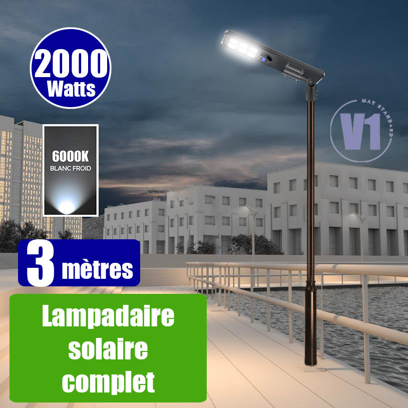 Pack lampadaire complet 3 mètres : Lampe solaire Série STARSHIP ULTRA BLACK 2000 Watts - 5000 Lumens - 6000K + Mât STANDARD 3 mètres au choix ( V1 EVO ou V4 ECO - Avec trappe) + Adaptateur ajustable 80/60mm