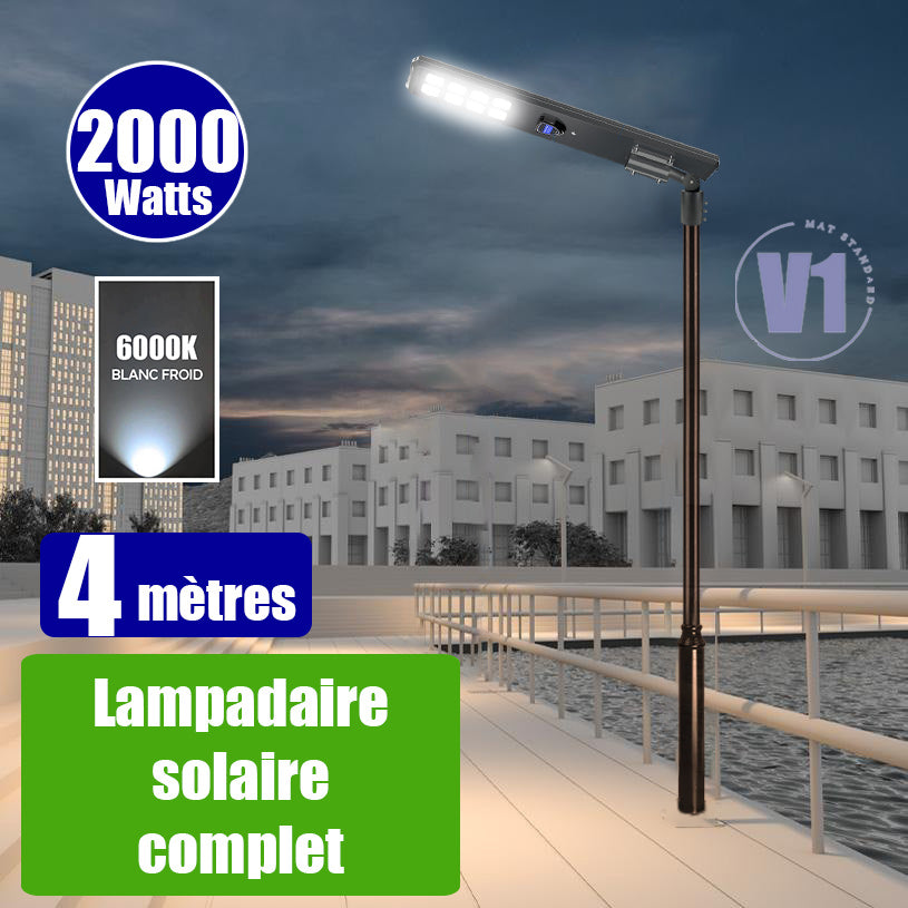 Pack lampadaire complet 4 mètres : Lampe solaire Série STARSHIP ULTRA BLACK 2000 Watts - 5000 Lumens - 6000K + Mât STANDARD 4 mètres au choix ( V1 EVO ou V4 ECO - Avec trappe) + Adaptateur ajustable 80/60mm