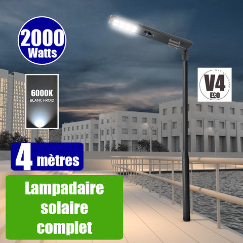 Pack lampadaire complet 4 mètres : Lampe solaire Série STARSHIP ULTRA BLACK 2000 Watts - 5000 Lumens - 6000K + Mât STANDARD V4 ECO 4 mètres  - Avec trappe + Adaptateur ajustable 80/60mm