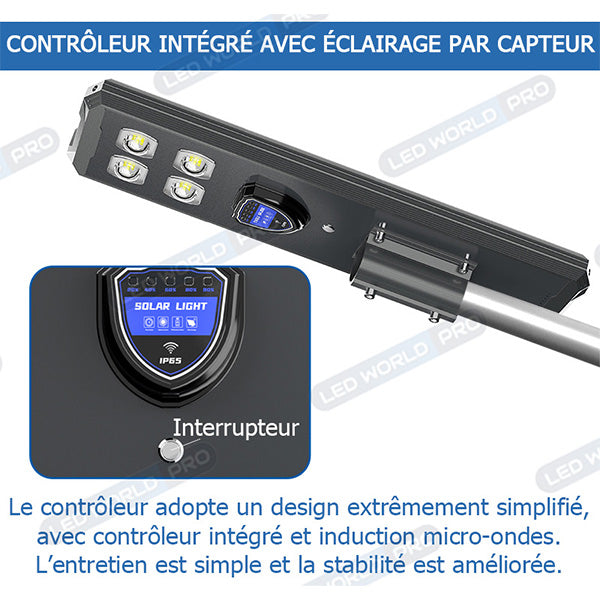 Pack de 2x Lampes de rue solaires - Série STARSHIP ULTRA BLACK - 1600 Watts - 4400 Lumens - 3000k - Angle 140*70° - IP65 - Structure aluminium - Dimensions 98 x 22 x 8 cm - Tube 60mm - Contrôle intelligent - Détecteur de mouvement - Télécommande