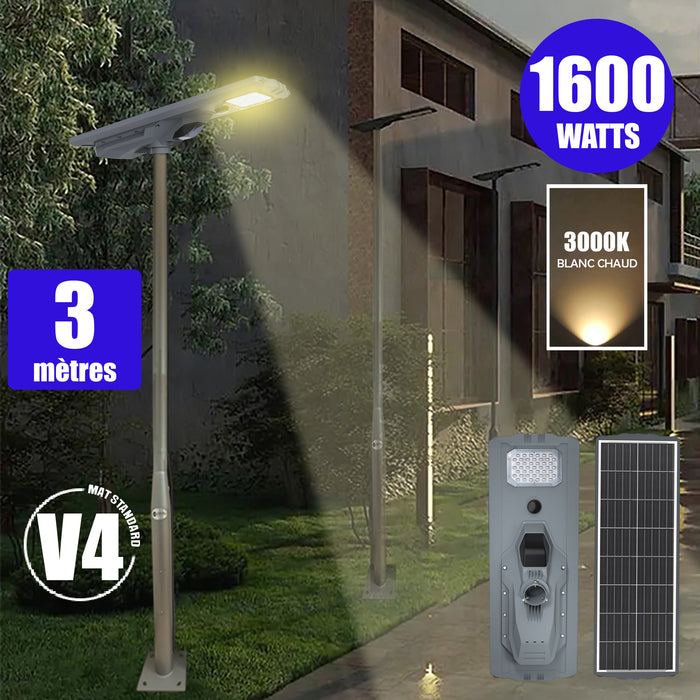 Pack lampadaire solaire complet 3/4/5/6 mètres au choix : Lampe solaire Série STARSHIP ULTRA + Mât EVO - Entraxe des trous 200mm - Noir/Gris au choix