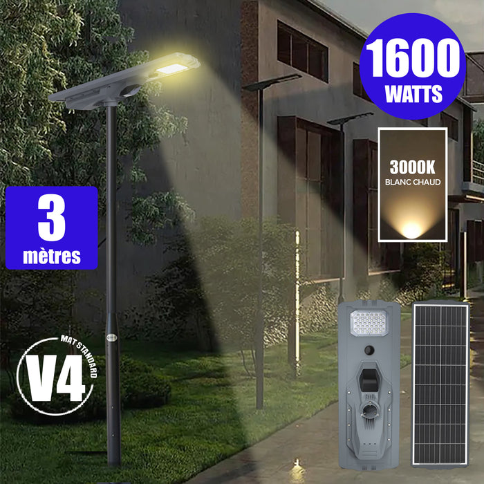 Pack lampadaire solaire complet 3/4/5/6 mètres au choix : Lampe solaire Série STARSHIP ULTRA + Mât EVO - Entraxe des trous 200mm - Noir/Gris au choix