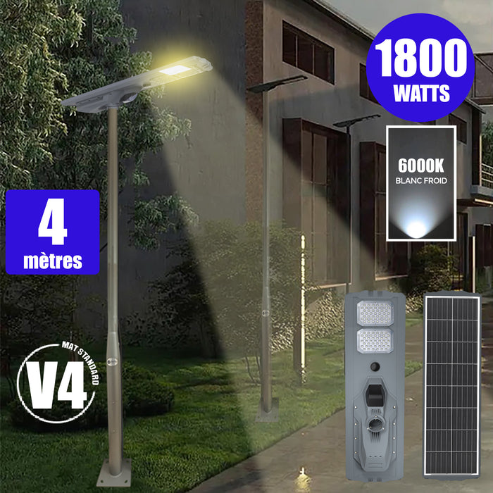Pack lampadaire solaire complet 3/4/5/6 mètres au choix : Lampe solaire Série STARSHIP ULTRA + Mât EVO - Entraxe des trous 200mm - Noir/Gris au choix