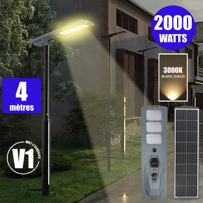 Pack lampadaire solaire complet 3/4/5/6 mètres au choix : Lampe solaire Série STARSHIP ULTRA + Mât EVO - Entraxe des trous 200mm - Noir/Gris au choix