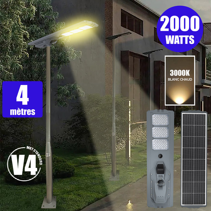 Pack lampadaire solaire complet 3/4/5/6 mètres au choix : Lampe solaire Série STARSHIP ULTRA + Mât EVO - Entraxe des trous 200mm - Noir/Gris au choix