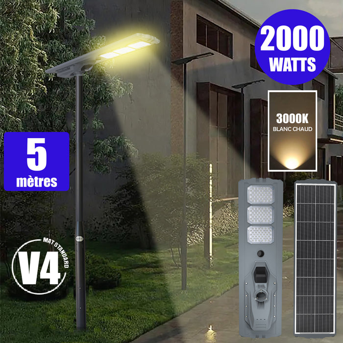 Pack lampadaire solaire complet 3/4/5/6 mètres au choix : Lampe solaire Série STARSHIP ULTRA + Mât EVO - Entraxe des trous 200mm - Noir/Gris au choix