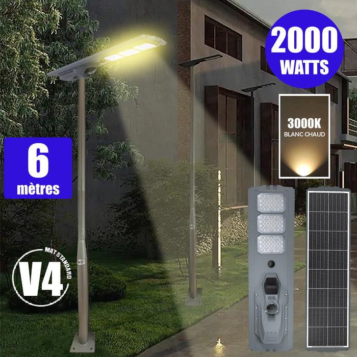 Pack lampadaire solaire complet 3/4/5/6 mètres au choix : Lampe solaire Série STARSHIP ULTRA + Mât EVO - Entraxe des trous 200mm - Noir/Gris au choix