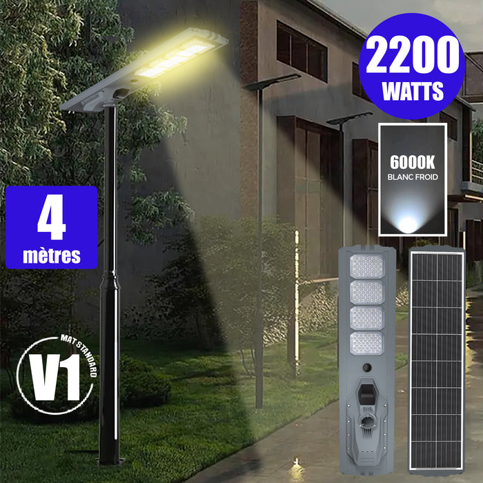Pack lampadaire solaire complet 3/4/5/6 mètres au choix : Lampe solaire Série STARSHIP ULTRA + Mât EVO - Entraxe des trous 200mm - Noir/Gris au choix