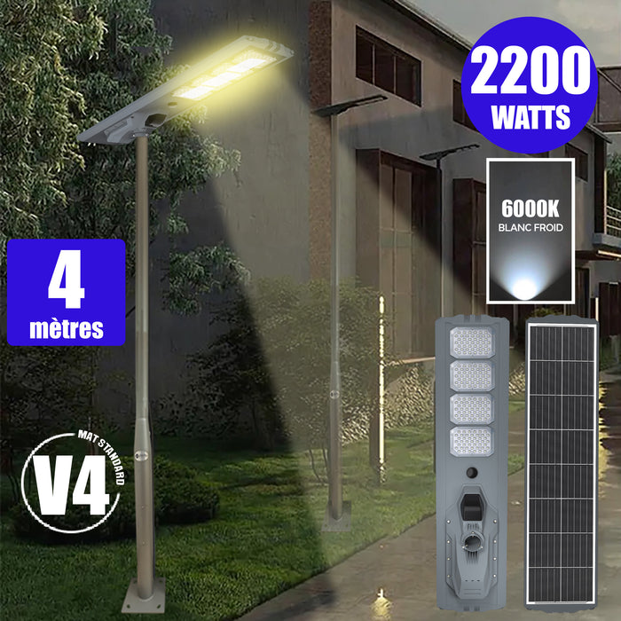 Pack lampadaire solaire complet 3/4/5/6 mètres au choix : Lampe solaire Série STARSHIP ULTRA + Mât EVO - Entraxe des trous 200mm - Noir/Gris au choix