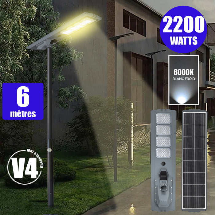 Pack lampadaire solaire complet 3/4/5/6 mètres au choix : Lampe solaire Série STARSHIP ULTRA + Mât EVO - Entraxe des trous 200mm - Noir/Gris au choix