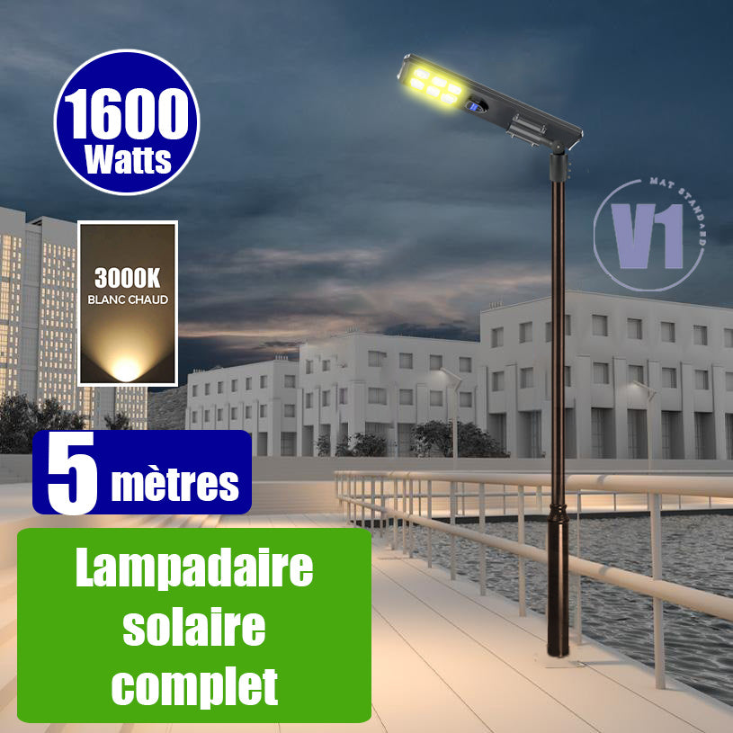 Pack lampadaire complet 5 mètres : Lampe solaire Série STARSHIP ULTRA BLACK 1600 Watts - 4400 Lumens - 3000K + Mât STANDARD V1 EVO 5 mètres + Adaptateur ajustable 80/60mm