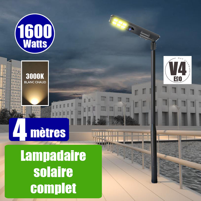 Pack lampadaire complet 4 mètres : Lampe solaire Série STARSHIP ULTRA BLACK 1600 Watts - 4400 Lumens - 3000K + Mât STANDARD 4 mètres au choix ( V1 EVO ou V4 ECO - Avec trappe) + Adaptateur ajustable 80/60mm