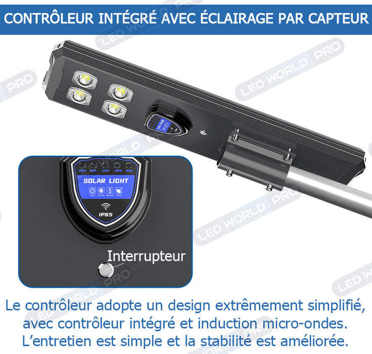 Pack lampadaire complet 4 mètres : Lampe solaire Série STARSHIP ULTRA BLACK 1600 Watts - 4400 Lumens - 3000K + Mât STANDARD 4 mètres au choix ( V1 EVO ou V4 ECO - Avec trappe) + Adaptateur ajustable 80/60mm