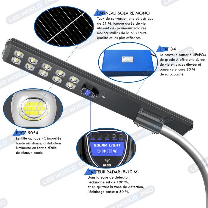 Pack lampadaire complet 4 mètres : Lampe solaire Série STARSHIP ULTRA BLACK 1600 Watts - 4400 Lumens - 3000K + Mât STANDARD 4 mètres au choix ( V1 EVO ou V4 ECO - Avec trappe) + Adaptateur ajustable 80/60mm