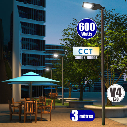 Pack lampadaire solaire complet 3 mètres : Lampadaire LED - Série STREET EVO V2 - CCT - 600 Watts - 6600 Lumens + Mât STANDARD V4 ECO 3 mètres + Support déporté 60mm