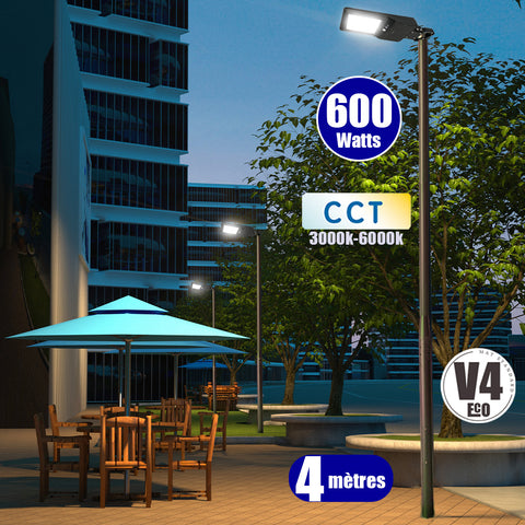 Pack lampadaire solaire complet 4 mètres : Lampadaire LED - Série STREET EVO V2 - CCT - 600 Watts - 6600 Lumens + Mât STANDARD V4 ECO 4 mètres + Support déporté 45mm