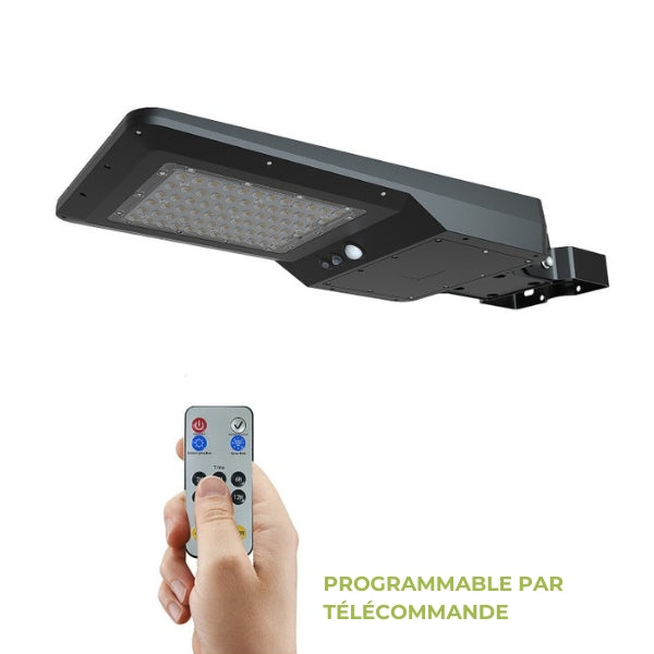 Lampe de rue et parking Solaire - Série STREET EVO V2 6000 – Rendu lumineux 600 Watts - 6000 Lumens - CCT Ajustable - 140x70° - Télécommande - Détecteur de mouvement - 71 x 29 x 7 cm – Installation sur mât et murale - Garantie 5 ans