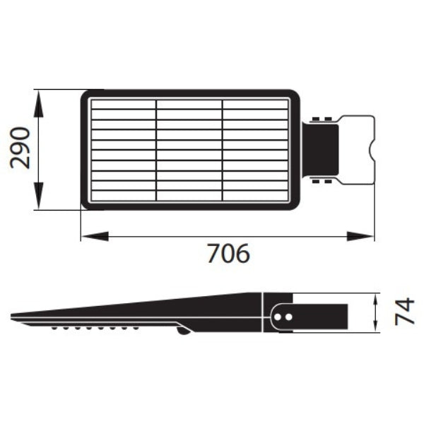 Lampe de rue et parking Solaire - Série STREET EVO V2 6000 – Rendu lumineux 600 Watts - 6000 Lumens - CCT Ajustable - 140x70° - Télécommande - Détecteur de mouvement - 71 x 29 x 7 cm – Installation sur mât et murale - Garantie 5 ans