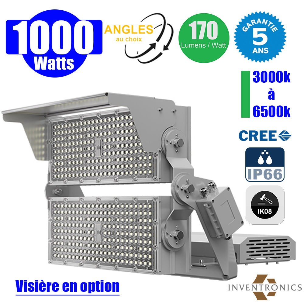 Pack de 2x Projecteurs hautes puissances LED de stade filaire - Série EVOLUTION V2 - 750 Watts - 120 000 Lumens - 160 Lumens/Watt - Angle 20° / 30° / 60° / 90° / MLP30 / MBP45 au choix - 3000K à 6500K - Visière en option - Garantie 5 ans