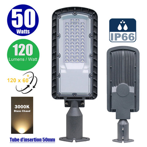 Lampe de rue filaire - Série FLEX ECO - 50 Watts - 6000 Lumens - 120 Lumens/Watt - Angle 120 x 60° - IP66 - IK08 - 493 x 170 x 70mm - Tube d'insertion 50mm - 3000k