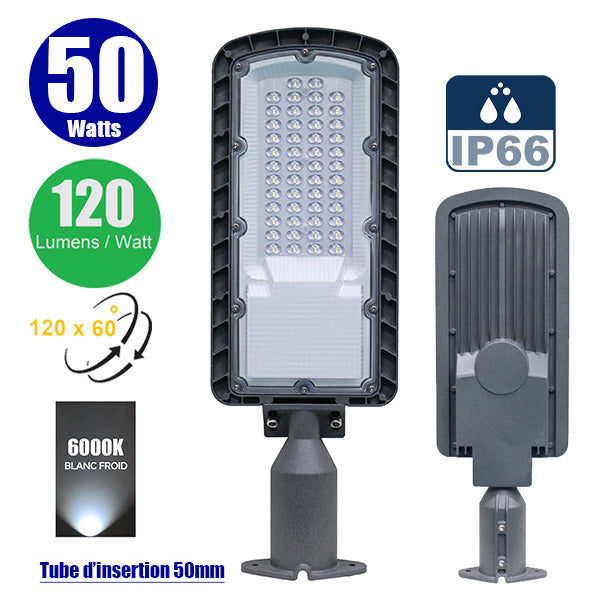 Lampe de rue filaire - Série FLEX ECO - 50 Watts - 6000 Lumens - 120 Lumens/Watt - Angle 120 x 60° - IP66 - IK08 - 493 x 170 x 70mm - Tube d'insertion 50mm - 6000k