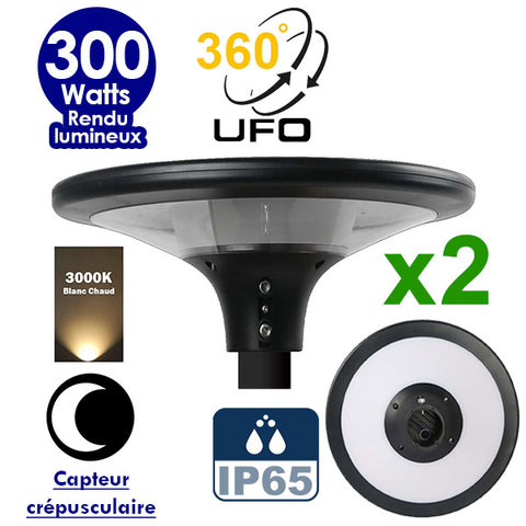 Pack de 2x Lampes solaires - Série OVNI SUN FLOWER 300 - Rendu lumineux 300 Watts - 2300 lumens -  Angle 360° - IP65 - 3000k - Capteur crépusculaire - Mode automatique - Diamètre tube d'insertion 60 mm - Gestion de l’éclairage intelligent