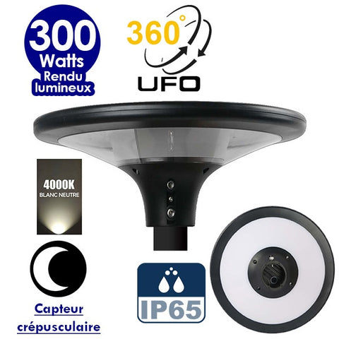Lampe solaire - Série OVNI SUN FLOWER 300 - Rendu lumineux 300 Watts - 2300 lumens -  Angle 360° - IP65 - 40 x 12 cm - 4000k - Capteur crépusculaire - Mode automatique - Diamètre tube d'insertion 60 mm - Gestion de l’éclairage intelligent
