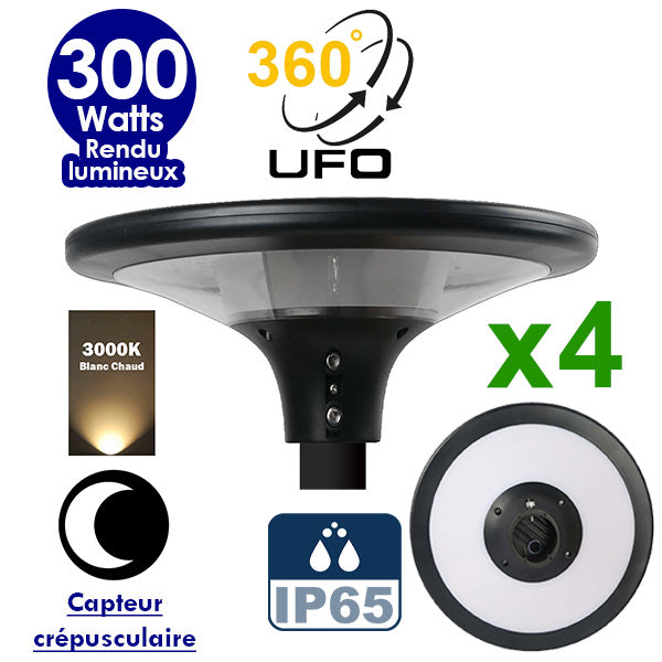 Pack de 4x Lampes solaires - Série OVNI SUN FLOWER 300 - Rendu lumineux 300 Watts - 2300 lumens -  Angle 360° - IP65 - 3000k - Capteur crépusculaire - Mode automatique - Diamètre tube d'insertion 60 mm - Gestion de l’éclairage intelligent