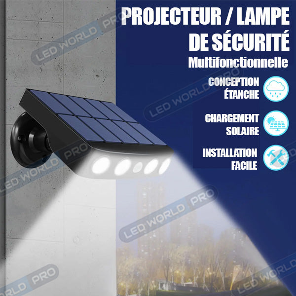 Pack 4x Projecteurs / Lampes de sécurité solaires LED multifonctionnelles - Série HYPNOSE - Rendu lumineux 80 Watts - 600 Lumens - Multi angles d'installation 360° - IP65 - 14 x 11 x 3 cm - Détecteur de mouvement - 3 Modes - Modèle blanc - 6000k