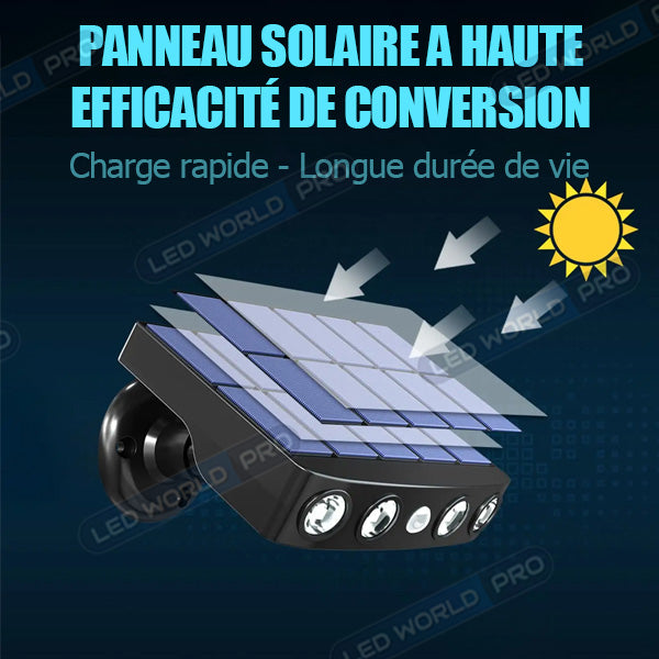Pack 4x Projecteurs / Lampes de sécurité solaires LED multifonctionnelles - Série HYPNOSE - Rendu lumineux 80 Watts - 600 Lumens - Multi angles d'installation 360° - IP65 - 14 x 11 x 3 cm - Détecteur de mouvement - 3 Modes - Modèle noir - 6000k