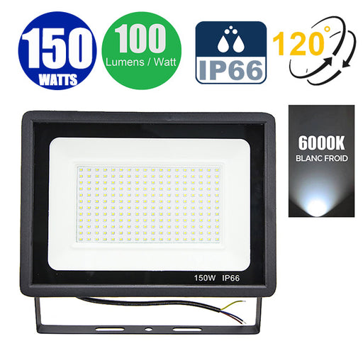 Projecteur LED filaire - 150 Watts - 15 000 Lumens - 100 Lumens/Watt - Angle 120° - IP66 - 300 x 200 x 30 mm - Modèle Noir - 6000k