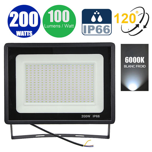 Projecteur LED filaire - 200 Watts - 20 000 Lumens - 100 Lumens/Watt - Angle 120° - IP66 - 340 x 245 x 35 mm - Modèle Noir - 6000k