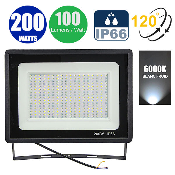 Projecteur LED filaire - 200 Watts - 20 000 Lumens - 100 Lumens/Watt - Angle 120° - IP66 - 340 x 245 x 35 mm - Modèle Noir - 6000k