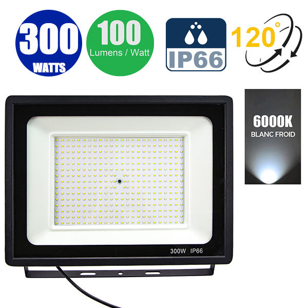 Projecteur LED filaire - 300 Watts - 30 000 Lumens - 100 Lumens/Watt - Angle 120° - IP66 - 370 x 265 x 35 mm - Modèle Noir - 6000k
