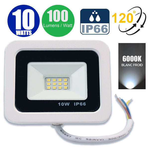Projecteur LED filaire - Série PAD - 10 Watts - 1000 Lumens - 100 Lumens/Watt - Angle 120° - IP66 - 10 x 7 x 3 cm - Modèle blanc - 6000k