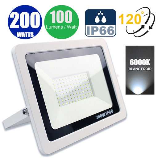Projecteur LED filaire - 200 Watts - 20 000 Lumens - 100 Lumens/Watt - Angle 120° - IP66 - 340 x 245 x 35 mm - Modèle Blanc - 6000k