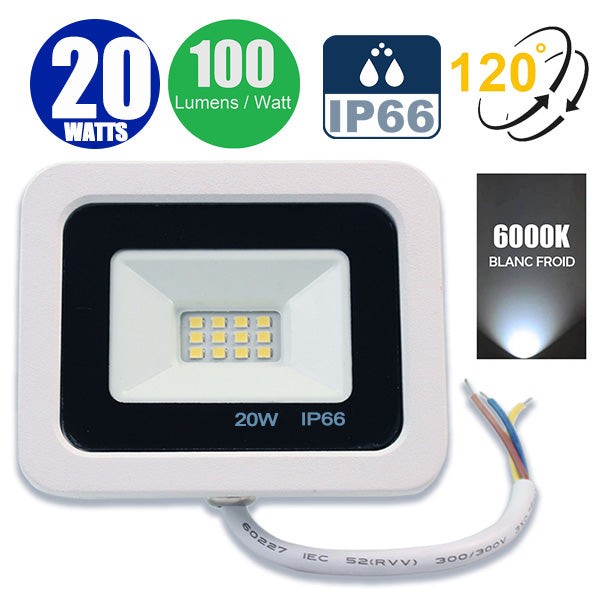 Projecteur LED filaire - Série PAD - 20 Watts - 2000 Lumens - 100 Lumens/Watt - Angle 120° - IP66 - 13 x 8 x 3 cm - Modèle blanc - 6000k