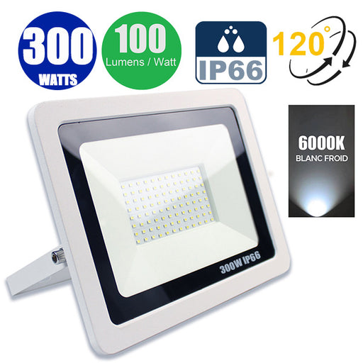 Projecteur LED filaire - 300 Watts - 30 000 Lumens - 100 Lumens/Watt - Angle 120° - IP66 - 370 x 265 x 35 mm - Modèle Blanc - 6000k