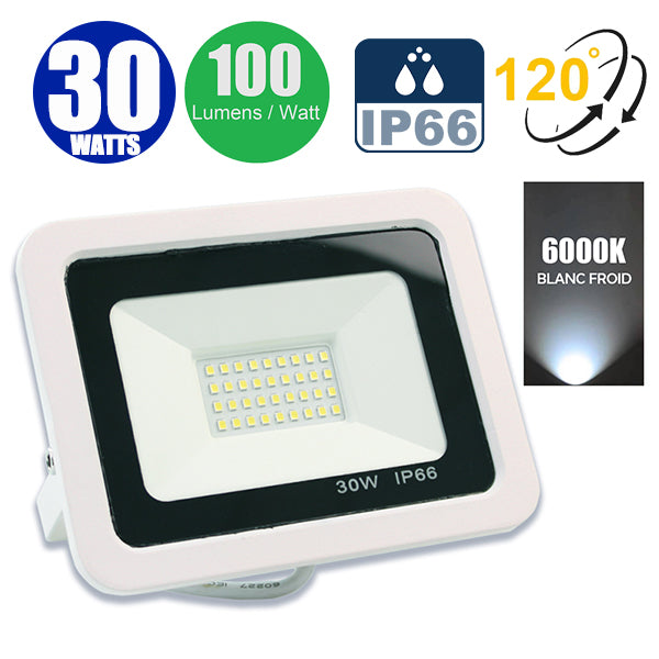 Projecteur LED filaire - Série PAD - 30 Watts - 3000 Lumens - 100 Lumens/Watt - Angle 120° - IP66 - 15 x 10 x 3 cm - Modèle blanc - 6000k