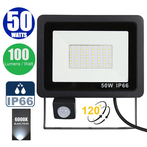 Projecteur LED filaire - Série PAD PIR - 50 Watts - 5000 Lumens - 100 Lumens/Watt - Angle 120° - IP66 - 17 x 12 x 3 cm - 6000k - Avec détecteur de mouvement Infrarouge