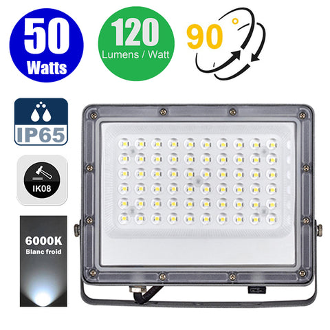 Projecteur LED filaire - Série PERLE V2 - 50 Watts - 6000 Lumens - 120 Lumens/Watt - Angle 90° - IP65 - 6000K - 228 x 180 x 25 mm