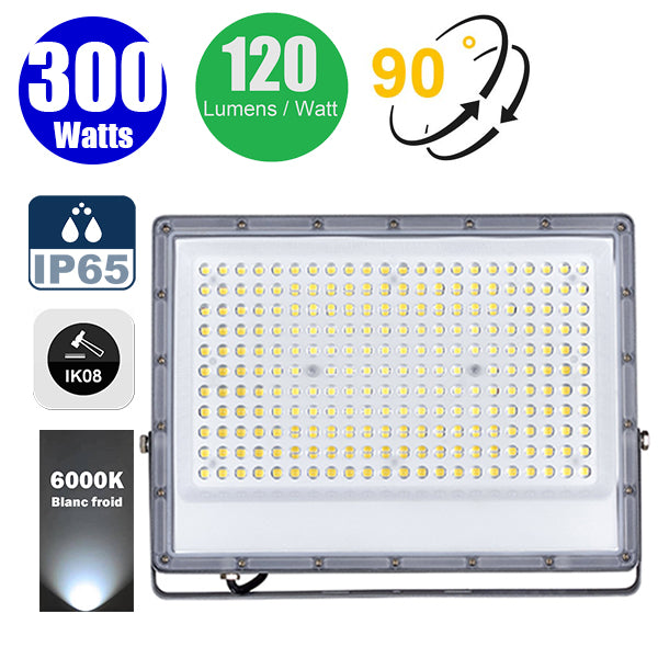 DERNIER DU STOCK : Projecteur LED filaire - Série PERLE V2 - 300 Watts - 36 000 Lumens - 120 Lumens/Watt - Angle 90° - IP65 - 6000K - 446 x 280 x 25 mm