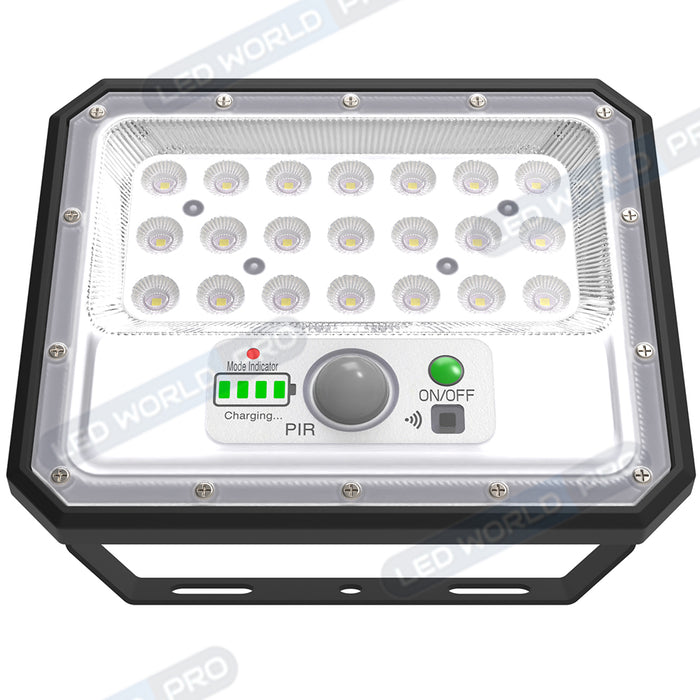 Projecteur LED solaire - Série SECURITY V2 - 120 Watts - 700 Lumens - Angle 90° - IP65 - Lampe 21 x 17 x 4 cm - Panneau solaire MONOCRISTALLIN 21 x 20 x 2 cm - Avec détecteur de mouvement - Avec télécommande - Support ajustable