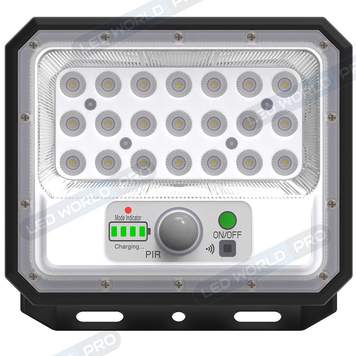 Projecteur LED solaire - Série SECURITY V2 - 120 Watts - 700 Lumens - Angle 90° - IP65 - Lampe 21 x 17 x 4 cm - Panneau solaire MONOCRISTALLIN 21 x 20 x 2 cm - Avec détecteur de mouvement - Avec télécommande - Support ajustable