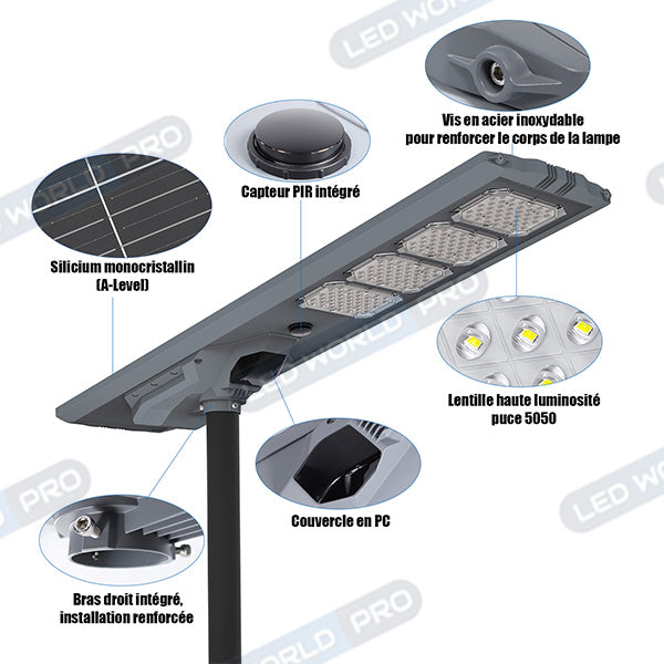 Lampe de rue solaire - Série STARSHIP ULTRA 4500 - Rendu lumineux 1600 Watts - 4500 Lumens - Couleur 3000k - Angle 150x70° - IP65 - Structure aluminium - Dimensions 93 x 36 x 16 cm - Tube d'insertion 76mm - Contrôle intelligent - Capteur PIR